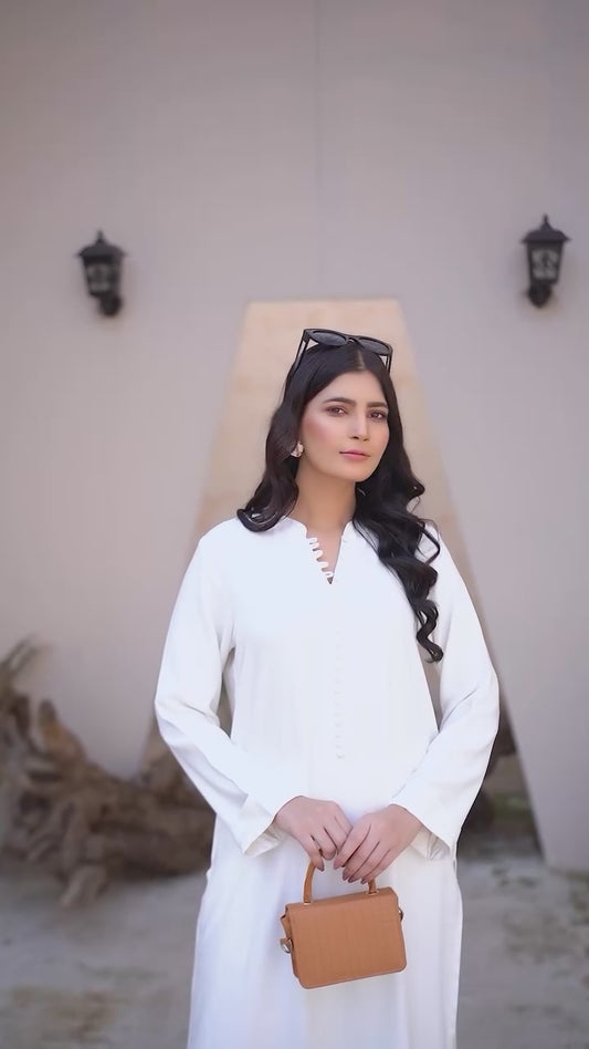 Pakistani White Long Button Dress