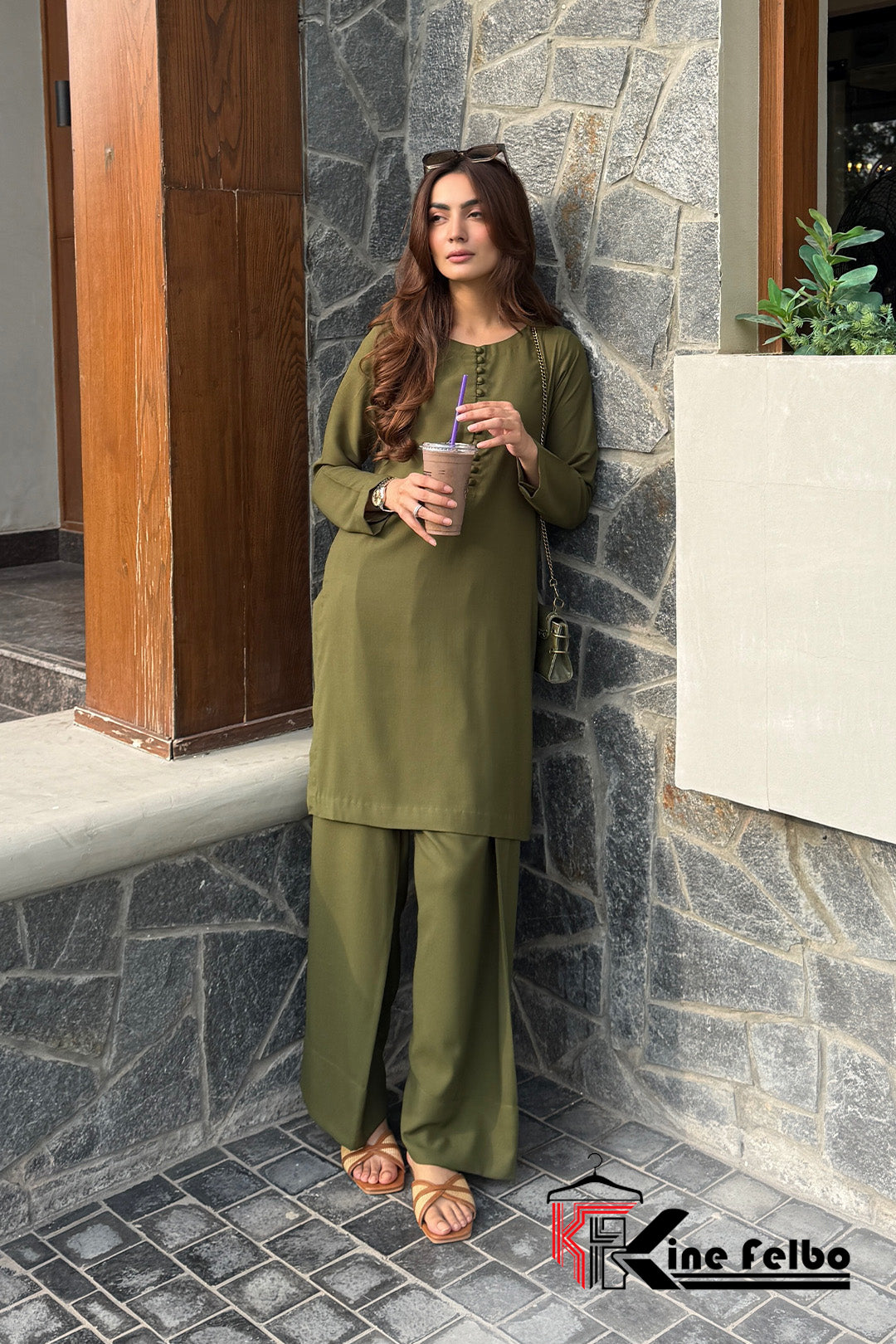 Casual luxury Olive Short Kurti with Farshi salwar set