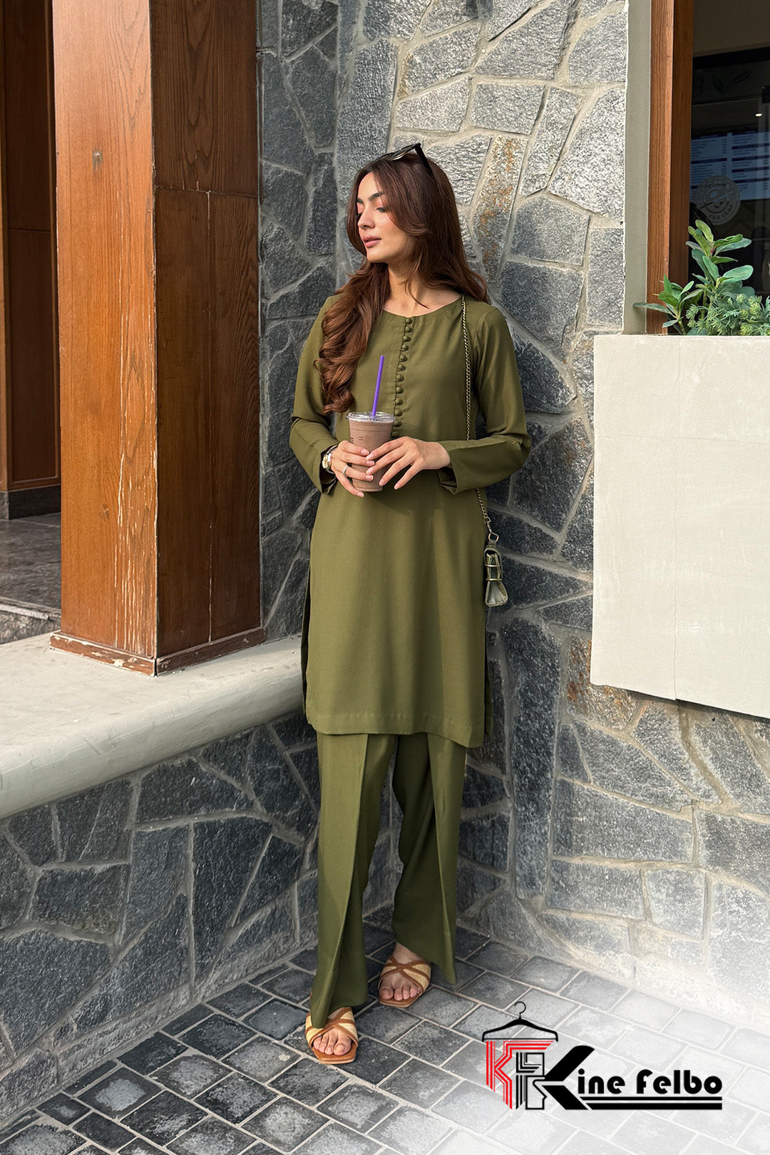 Casual luxury Olive Short Kurti with Farshi salwar set