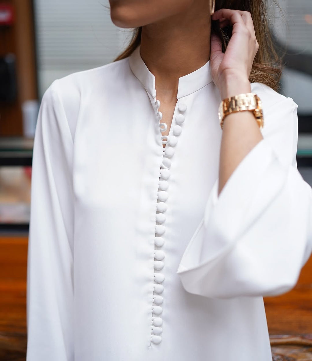 Pakistani White Long Button Dress