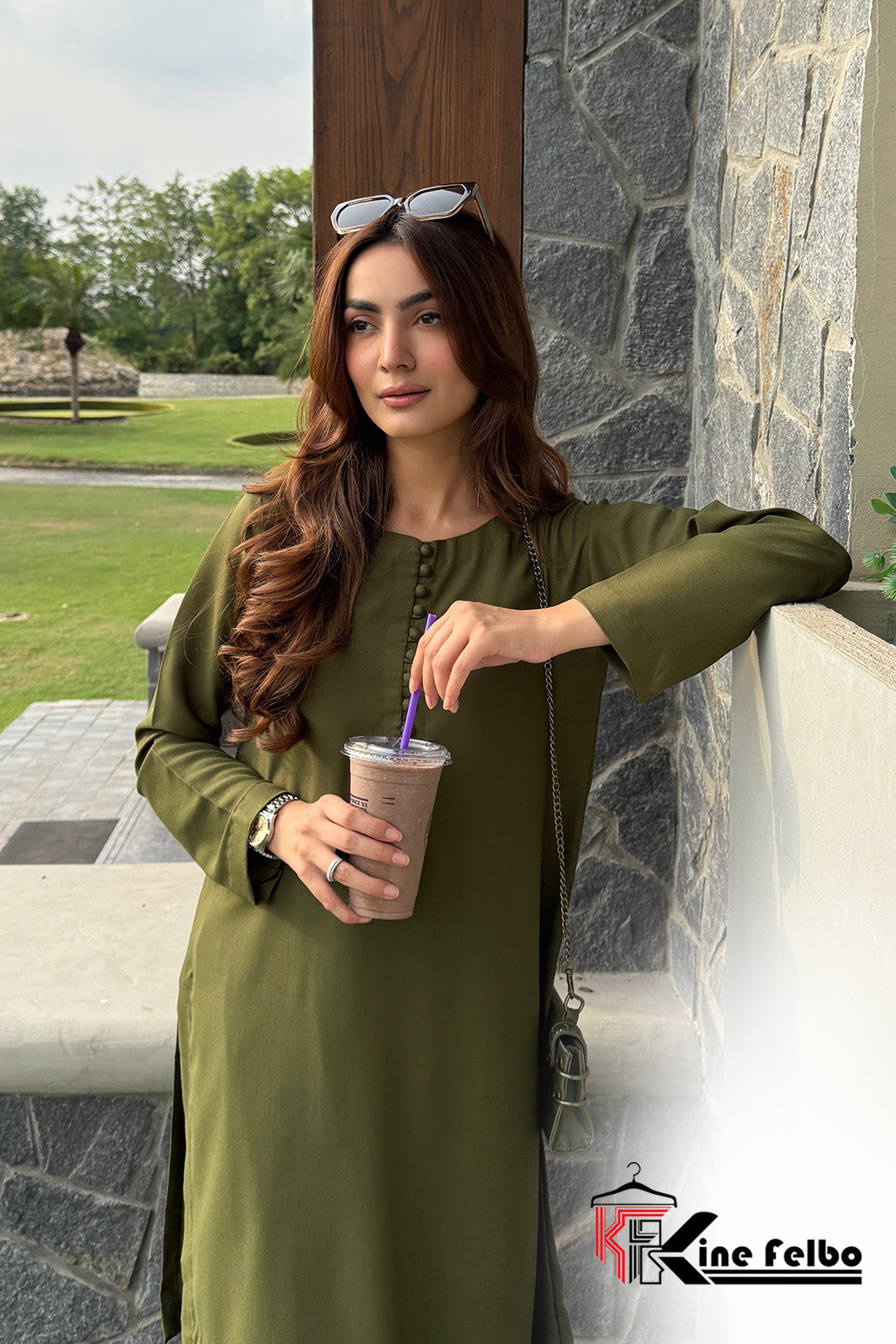 Casual luxury Olive Short Kurti with Farshi salwar set