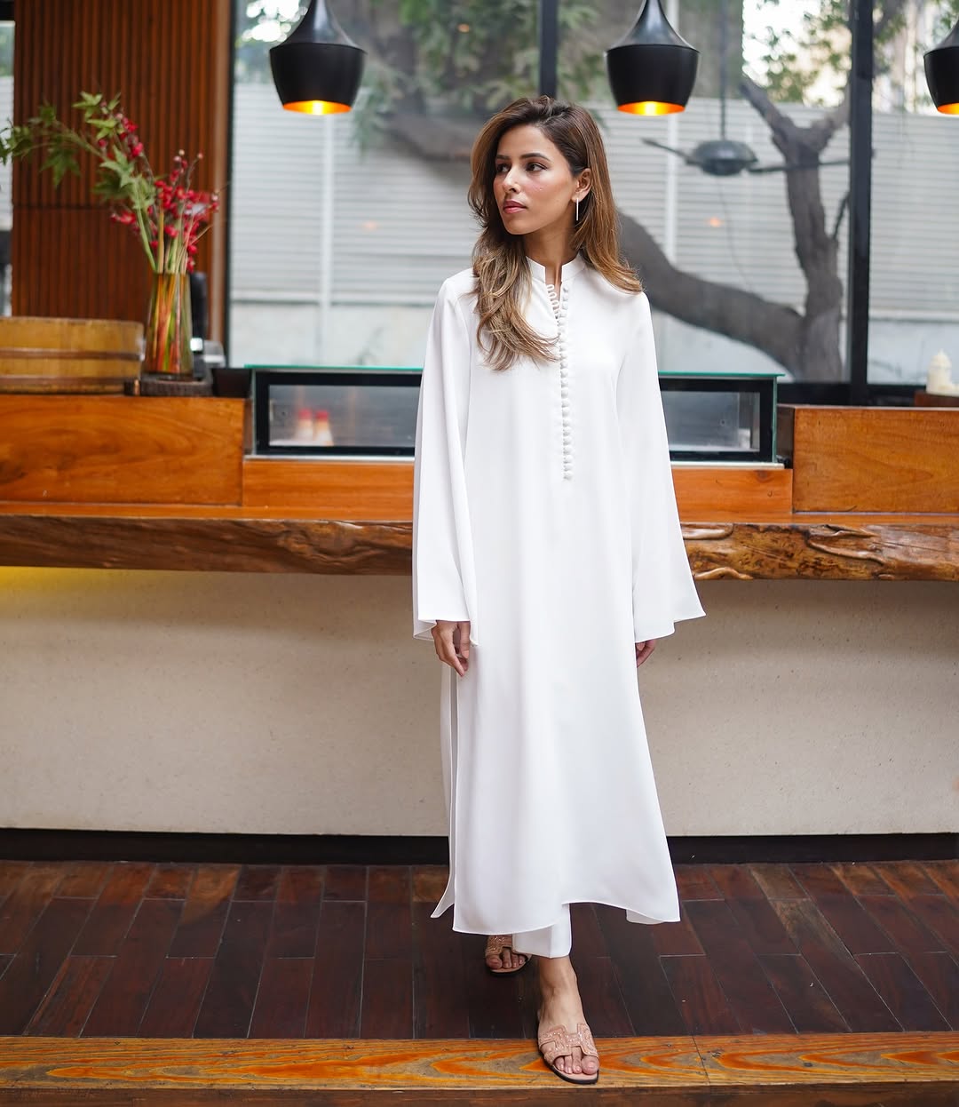 Pakistani White Long Button Dress