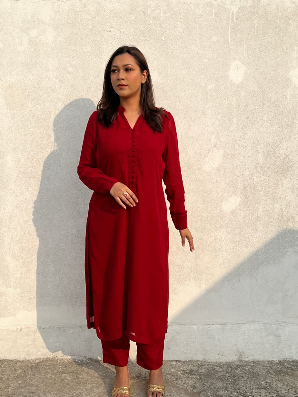Pakistanni Red Long Button Dress
