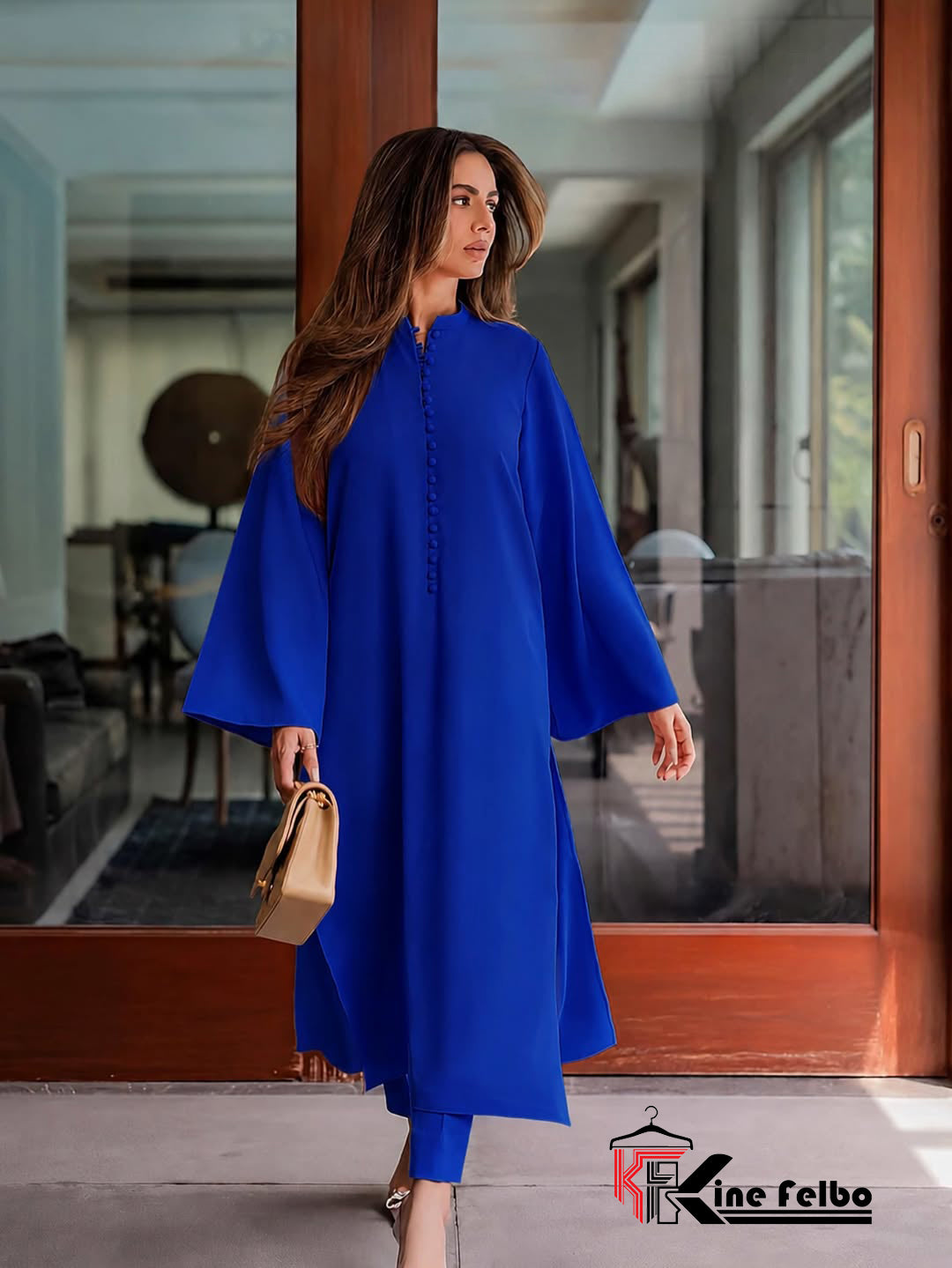 Noor Royal Blue  Long Button Set
